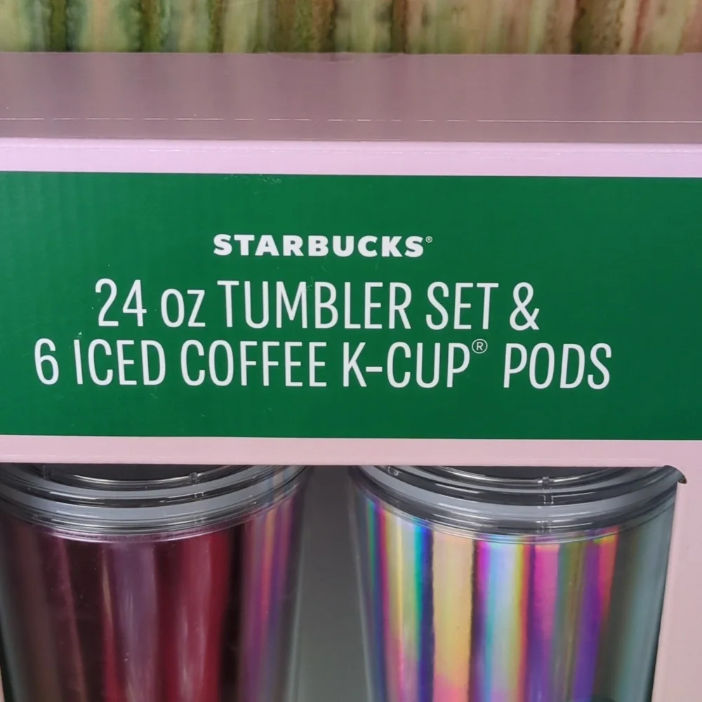 Starbucks 24 oz Tumbler Set & 6 Iced Coffee K-Cup Pods In Pink Tones
